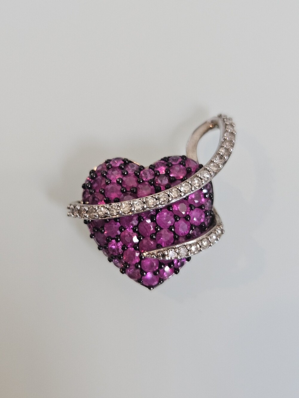 Ruby & Diamond Pavé Heart Pendant Sterling Silver Stamped Signed